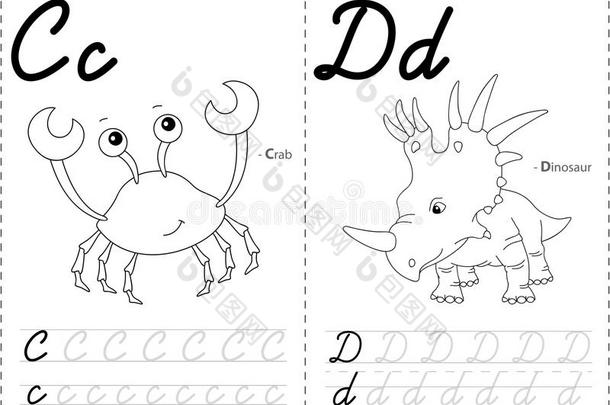 卡通螃蟹和恐龙。 字母追踪工作表