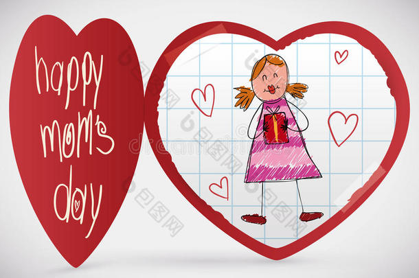 可爱的卡片与心形的纸折叠为母亲节，矢量插图