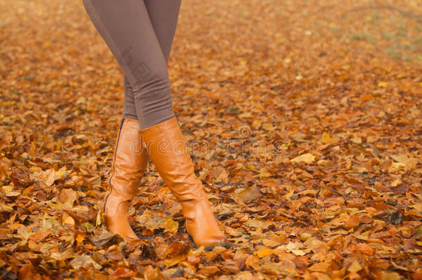 穿着棕色靴子的女人腿的特写。 <strong>秋季</strong>时<strong>尚</strong>