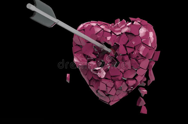 破碎的光泽金属心脏与箭头隔离在黑色背景上。 情人节海报模板渲染
