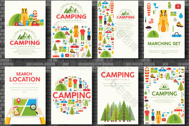 野营旅行卡一套。 徒步旅行模板，杂志，海报，书籍封面，横幅。 旅游信息图