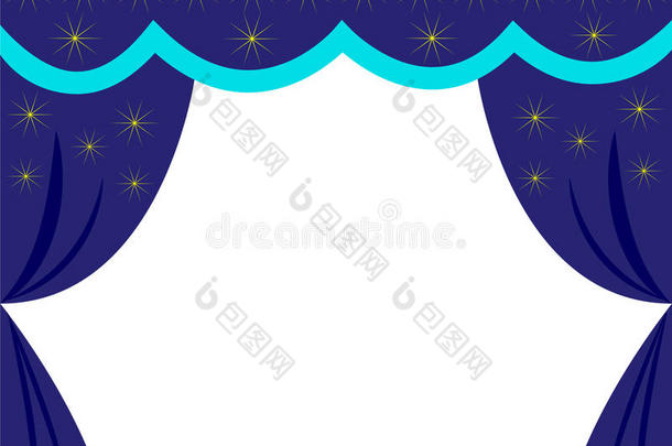 窗帘蓝色夜空与星星，如在剧院，空白的邀请或门票，