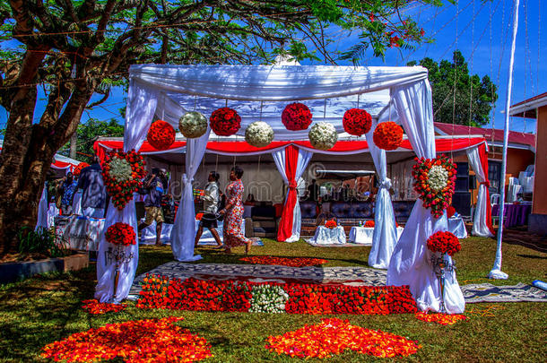 美丽的户外婚礼装饰，所有的花卉，非洲婚礼