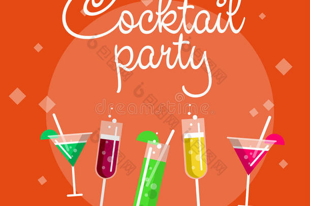鸡尾酒会夏季海报与酒精饮料在眼镜上的蓝色背景矢量插图