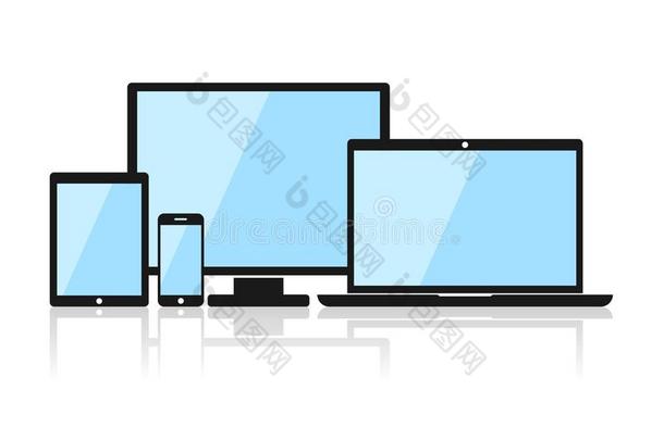 设备图标：智能手机、平板电脑、笔记本电脑和台式电脑。 黑色设备，平面风格隔离在白色背景上