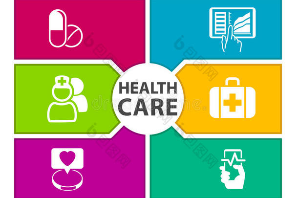 彩色数字医疗保健背景与图标有关可穿戴，仪表板，平板电脑，医药，智能手机