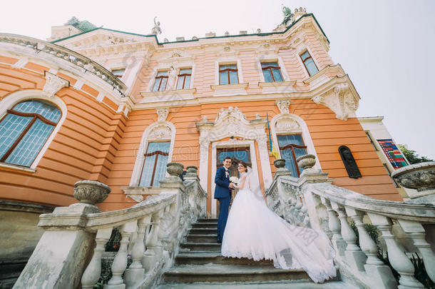 公园楼梯上漂亮的新婚夫妇。 浪漫的老式宫殿在背景