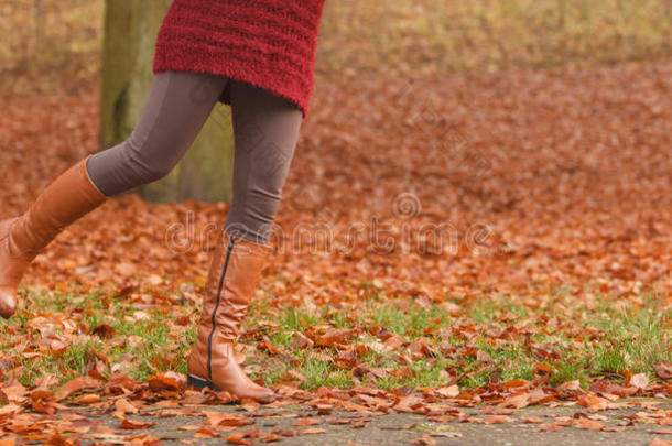 穿着棕色靴子的女人腿的特写。 秋季时尚
