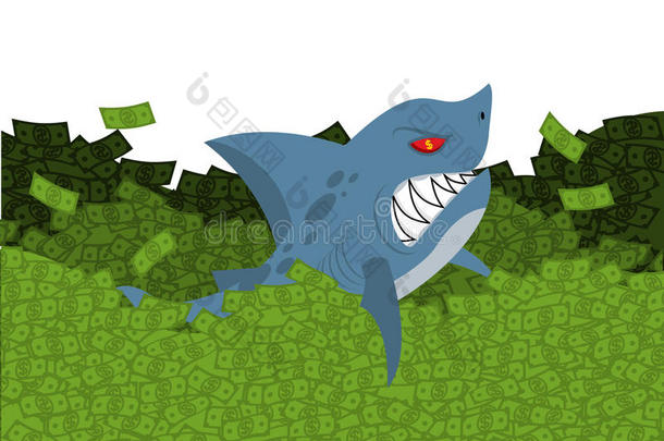 商业鲨鱼。 海洋捕食者在金钱中游泳。 绿色波浪做