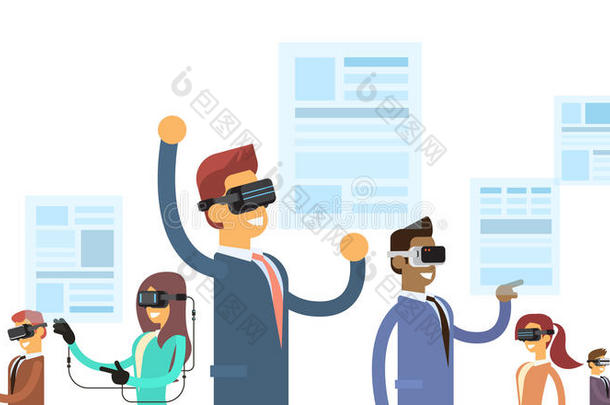 商务人员小组团队戴现实数字眼镜耳机阅读虚拟新闻纸