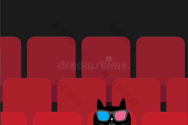 猫坐在电影院吃爆米花。 可爱的卡通人物。 电影放映电影背景。