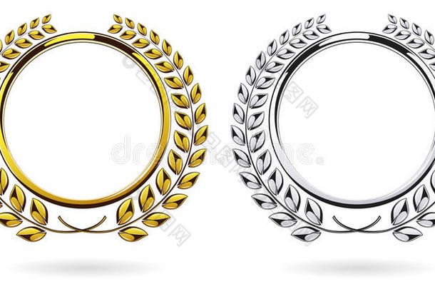 详细的圆形银色和金色月桂花环奖励设置在白色背景上