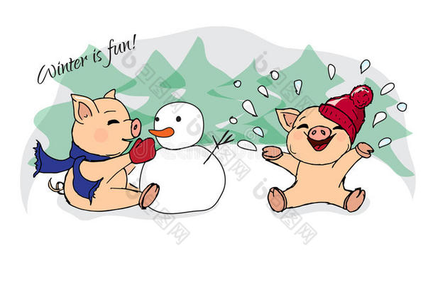 手绘插图。 新年卡片。 带猪的冬季卡片。 孩子们玩雪。 小猪和雪人。