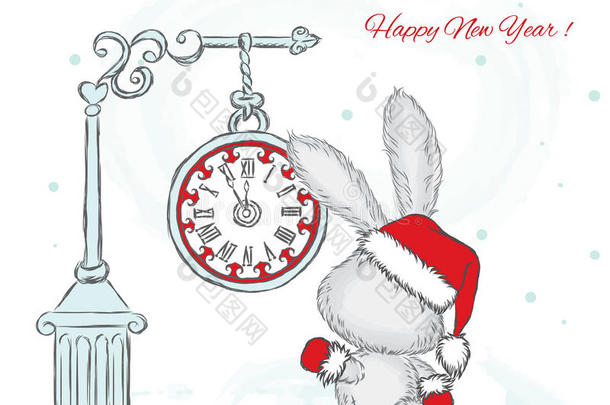 钟下可爱的兔子。 新年卡片。 圣诞节。 <strong>矢量</strong>插图。
