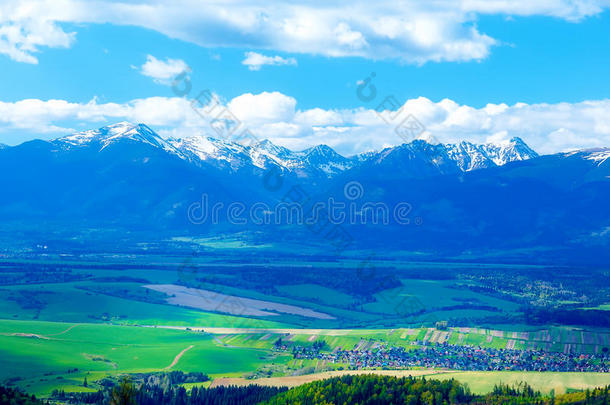 美丽的景观绿色和黄色的草地田野和雪山和村