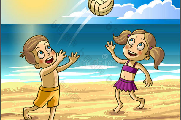 <strong>儿童暑期</strong>活动。 快乐的孩子，男孩和女孩沙滩上玩球。