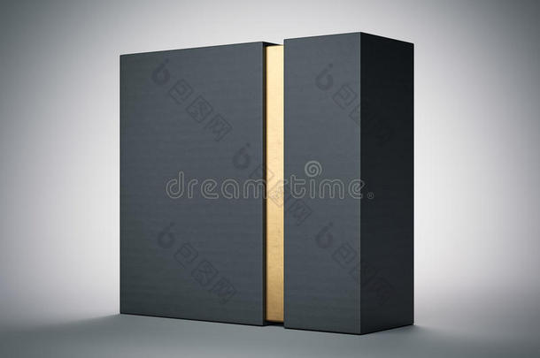黑色盒子里有金色条纹。 三维渲染