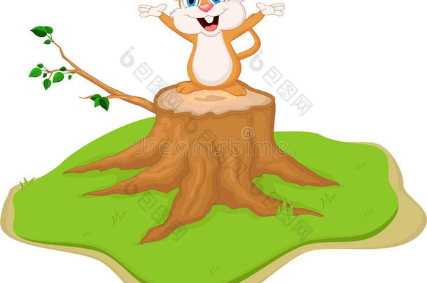 可爱的松鼠卡通抱着坚果在树桩上