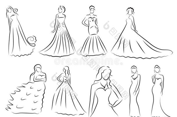 新娘剪影套装，素描新娘，新娘穿着漂亮的婚纱，矢量