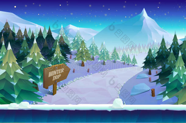 冰雪多云的卡通冬季景观。矢量自然游戏背景。
