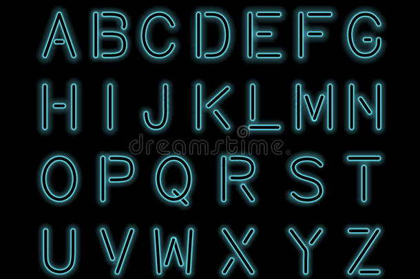 发光的青色蓝色霓虹灯字母和透明。 自定义字体进行设计。 闪亮的字母和符号。