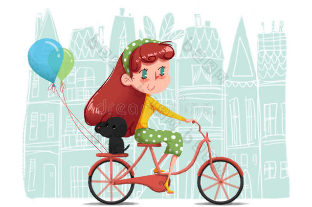 创意插图和创新艺术：骑自行车的女孩和她的小狗<strong>环游</strong>世界。
