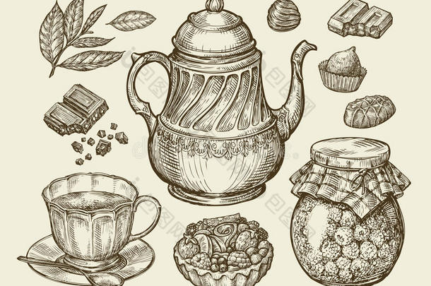 食物，茶，甜点。 <strong>手绘</strong>古董茶壶，水壶，杯子，覆盆子果酱，巧克力，糖果，<strong>水果</strong>蛋糕，糕点。 素描