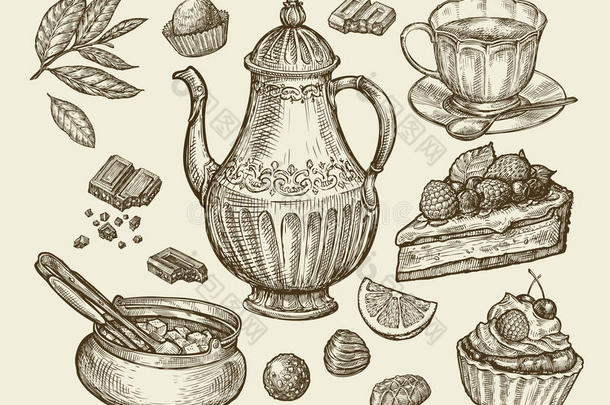 食物，茶，甜点。 手绘古董茶壶，水壶，杯子，糖碗，巧克力，糖果，水果蛋糕，糕点，一块