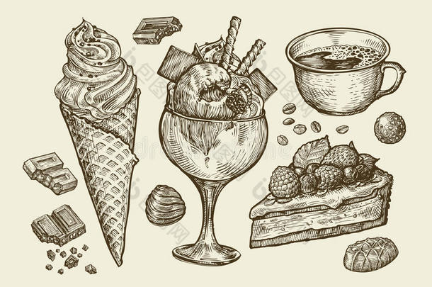 食物，甜点，饮料。 手绘冰淇淋，圣代，咖啡，茶，蛋糕，馅饼，巧克力，糖果。 草图矢量
