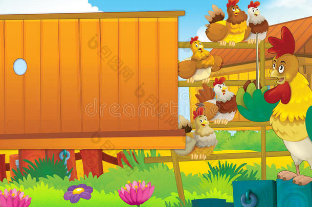 卡通农场场景与可爱的动物-公鸡和母鸡