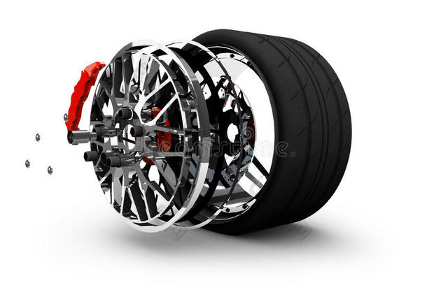 轮胎服务的概念。 车轮，轮辋，刹车片和圆盘。 CA