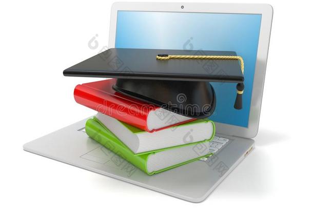 笔记本电脑上的毕业帽和书。 互联网的概念，在线学习。 3D