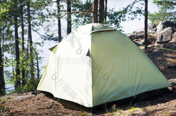 森林里的绿色帐篷，<strong>竞选</strong>，露营。 旅游业