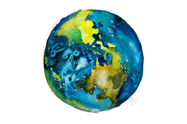 手绘水彩地球。 用水彩画的地球仪。