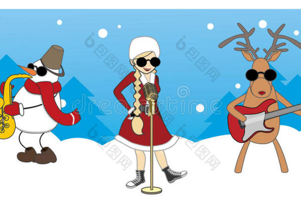 卡通圣诞卡。 女孩，雪人和驯鹿