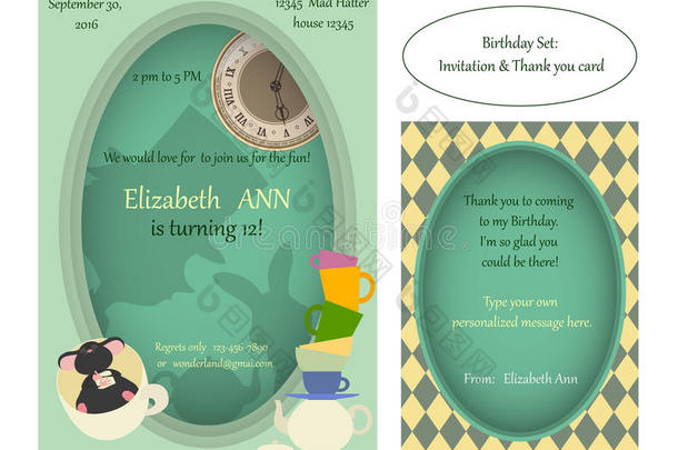 爱丽丝在仙境。 疯狂茶话会生日邀请。