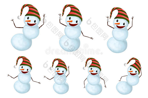 有趣的雪人设置帽子和胡萝卜鼻子跳舞