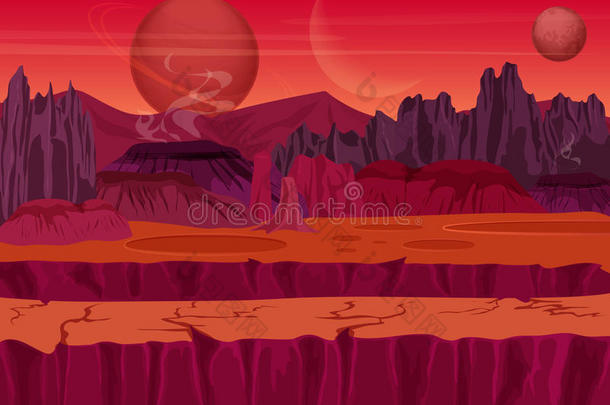 仙女游戏科幻外星景观。 另一颗行星上的自然，天空中有山脉、岩石和行星。 UI游戏