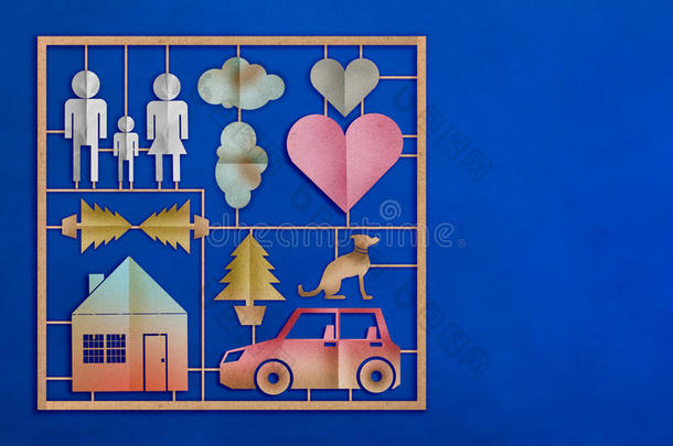 家庭玩具模型设置与剪纸平面风格的蓝色皮革