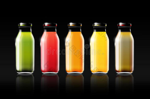 果汁在玻璃瓶中<strong>设计广告</strong>和复古标志，水果，透明，矢量
