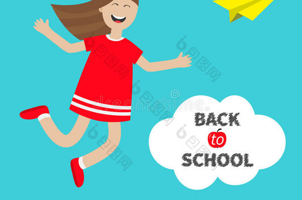 女孩跳快乐的孩子跳。 穿着红色连衣裙的<strong>可爱卡通</strong>笑角色。 回到学校粉笔文字在云。