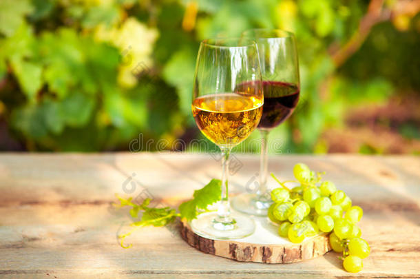 绿色的葡萄和两杯白色和红色的葡萄酒在vi上