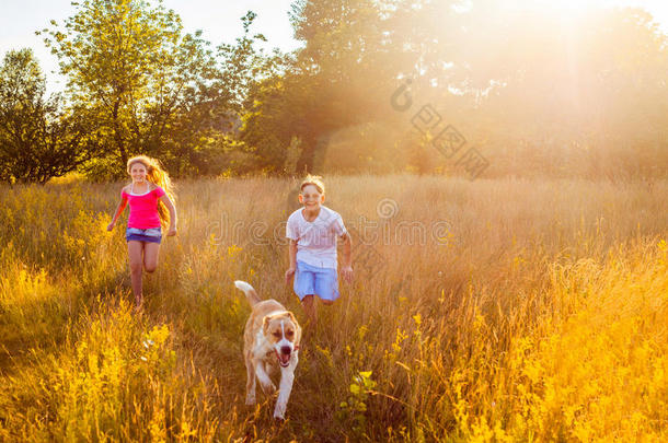 孩子们和他们的阿拉拜狗赛跑。