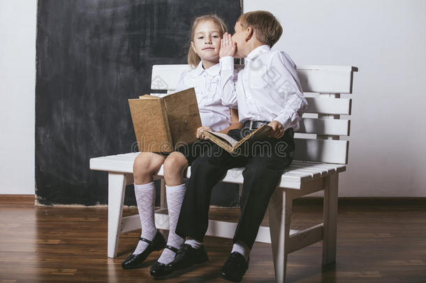 <strong>小学班</strong>的男孩和女孩在长凳上看书