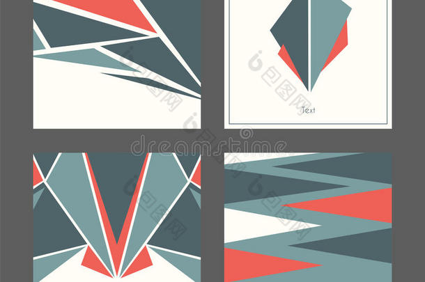美丽的方形卡片集合，基于蓝色和红色三角形和白色背景。 矢量插图与简洁