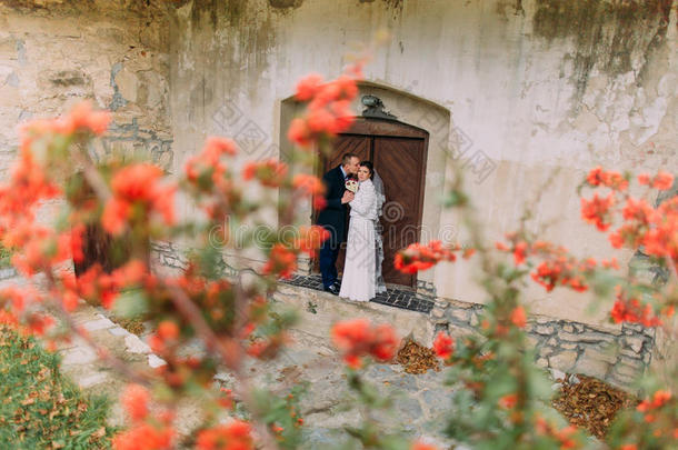 英俊的一对刚刚结婚的夫妇在古董破败的城堡入口处亲吻，前景上有可爱的<strong>小红花</strong>