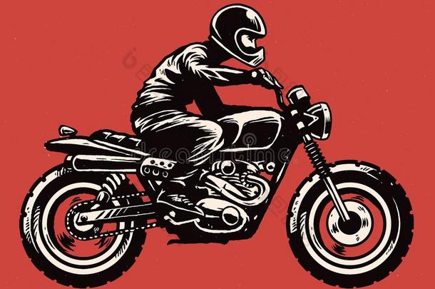 手绘风格男子骑经典摩托车
