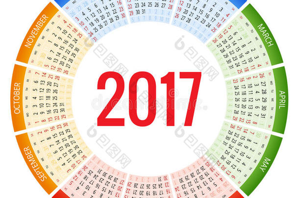 设计2017年墙体<strong>月历</strong>。 星期从星期天开始。 一套12个月。