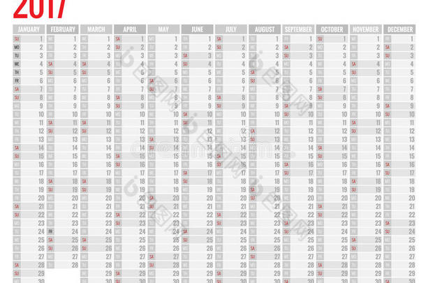 设计2017年墙体月历。 星期从星期天开始。 一套12个月。