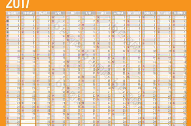设计2017年墙体月历。 星期从星期天开始。 一套12个月。
